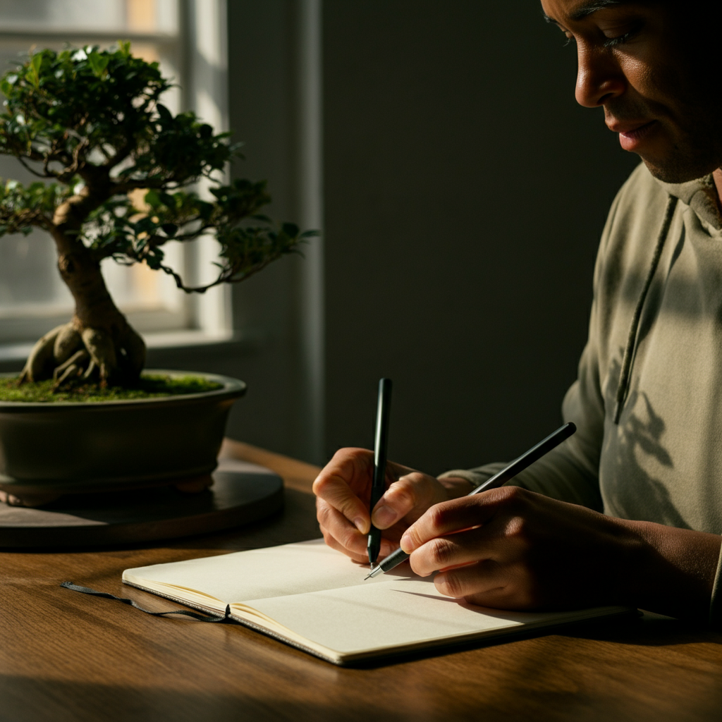 A workspace environment. A person is sketching in a notebook next to a Bonsai tree. Ambient light streams in through the window, casting soft shadows and highlighting the texture of the paper and leaves.