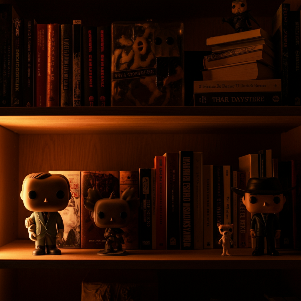 A bookshelf filled with various books and figurines of popular culture characters. The scene is side-lit, highlighting the textures and colors of the books and figures. Depth of field is carefully managed, bringing select items into sharp focus.