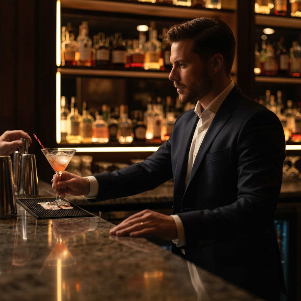 A dimly lit bar. A man in a stylish suit confidently orders a drink from the bartender. The scene features a shallow depth of field, focusing on his face and the texture of the bar counter. The lighting is dramatic, highlighting his silhouette and creating a sense of intrigue.