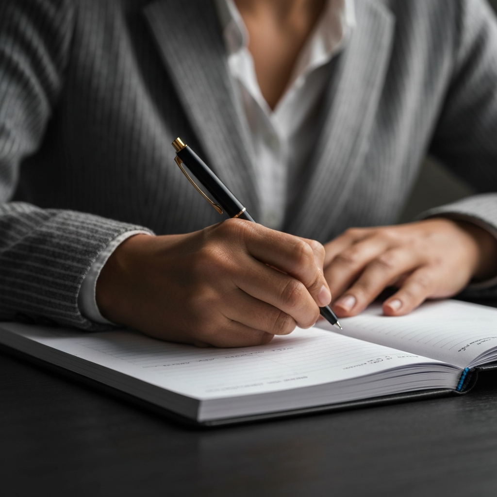 A close-up shot of a person's hands, confidently writing in a professional-looking planner. The lighting is soft and natural, emphasizing the texture of the paper and the pen. Focus is tight with soft bokeh.