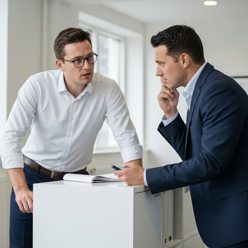 Two colleagues, dressed in business casual attire, engaged in a focused conversation in a brightly lit office. One colleague is actively listening, leaning slightly forward with a concerned expression. The composition is well-balanced, emphasizing their shared space.
