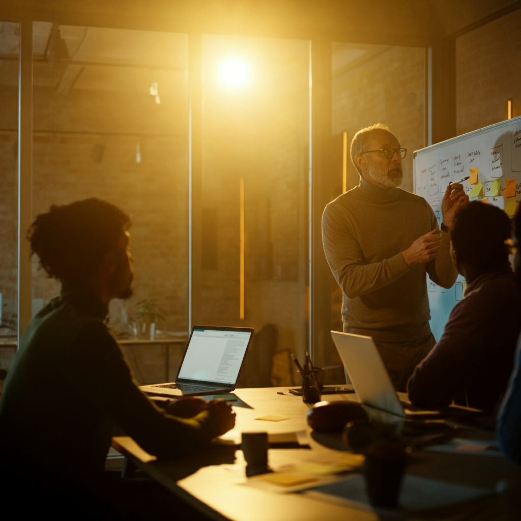 A leader working collaboratively with their team around a table in a modern office. The lighting is warm and inviting, highlighting the sense of camaraderie and shared effort. The leader is gesturing towards a whiteboard filled with notes, showing engagement.