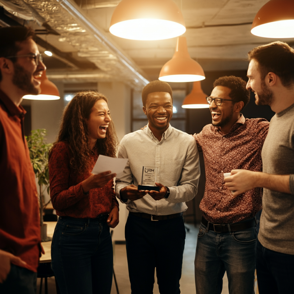 A team celebrating a project success in a modern office space. The lighting is bright and cheerful, highlighting the celebratory atmosphere. Team members are laughing and congratulating each other, with one person holding a small award or certificate.