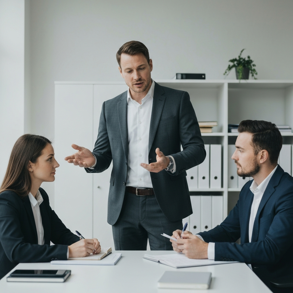 A leader delegating a task to a team member in a well-organized office. The leader is explaining the task clearly, while the team member is listening attentively and taking notes. The lighting is focused on their faces, highlighting their interaction.
