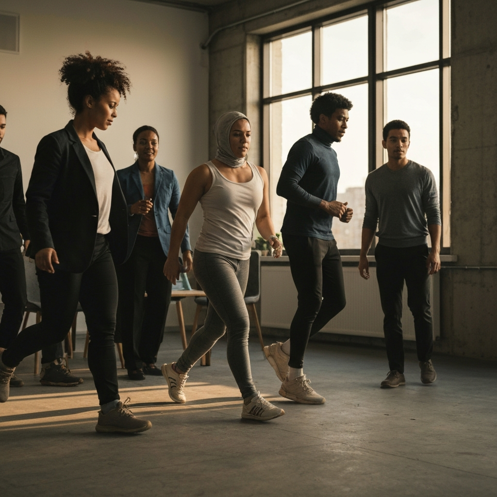 A diverse team working together in a modern and inclusive office environment. The lighting is balanced and natural, emphasizing the diversity of the team members. Everyone appears engaged and respectful of each other.