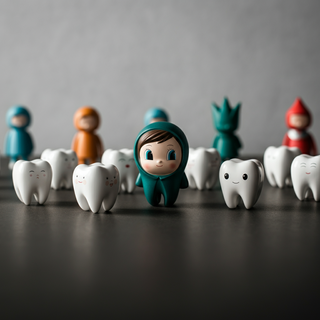A collection of small, colorful figurines representing various international versions of the tooth fairy or tooth-collecting figures. A shallow depth of field keeps the focus on a central figure, blurring the others slightly.