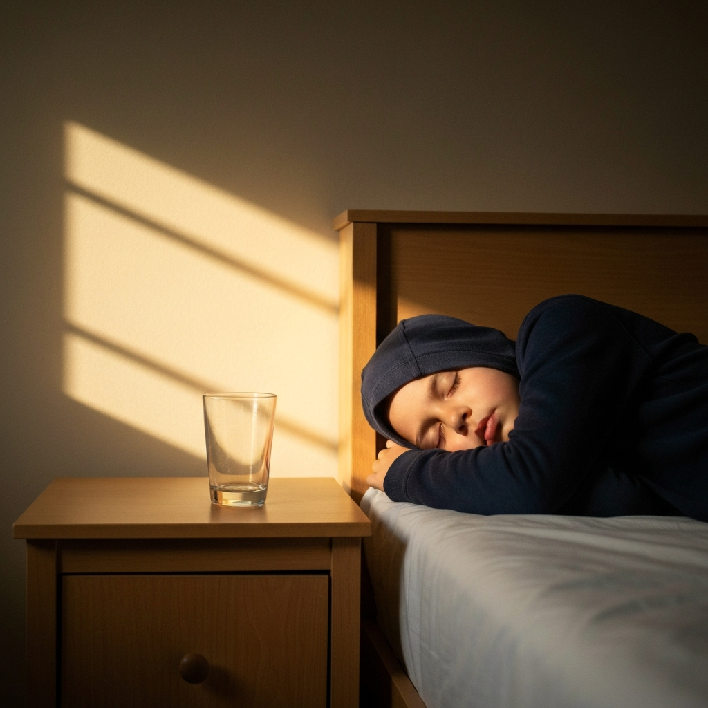 A child's bedroom bathed in soft, warm light. A small, empty glass is placed on a nightstand next to a sleeping child. The focus is on the child's peaceful expression.