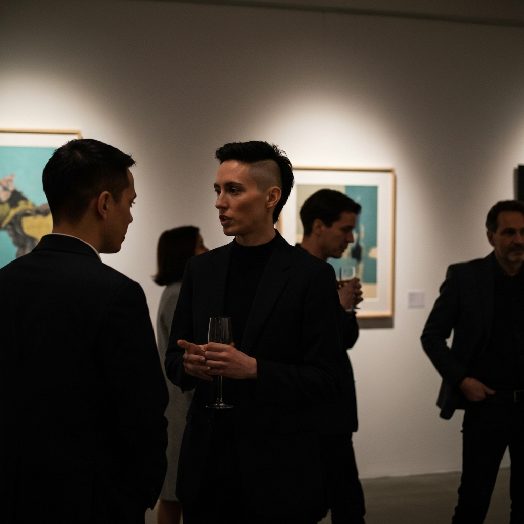 A dimly lit, minimalist art gallery opening. Attendees with asymmetrical haircuts and dark clothing converse quietly near abstract paintings. Soft bokeh in the background.