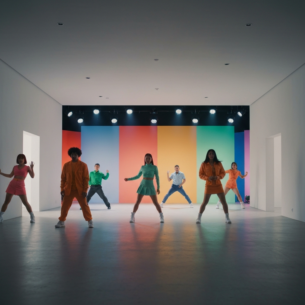 A vibrant music video set with colorful backdrops and energetic dancers in bold outfits. Stage lighting illuminates the scene. The focus is on the dancers' movements and expressions.