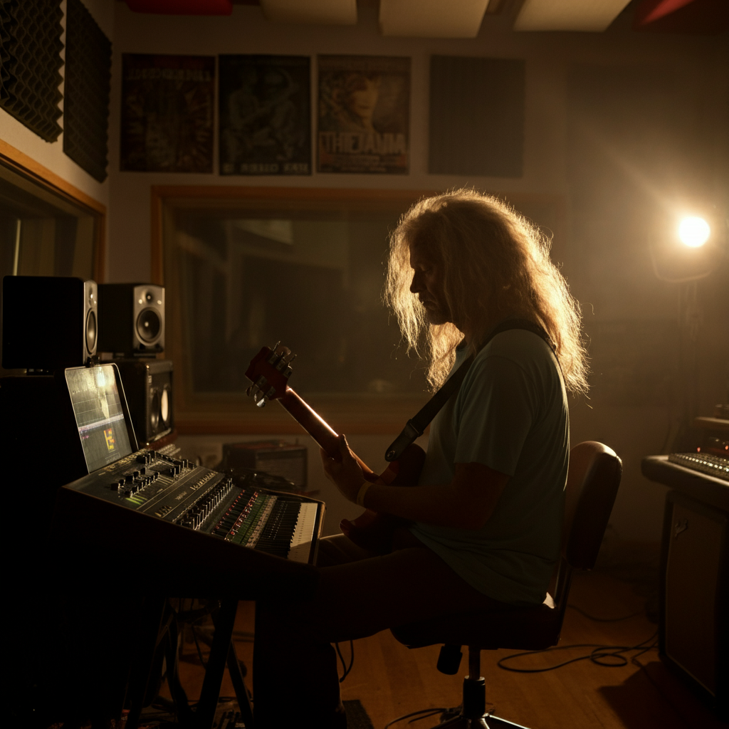 A side-lit recording studio. Musicians with long, teased hair work on instruments. The walls are covered with soundproofing panels and band posters.