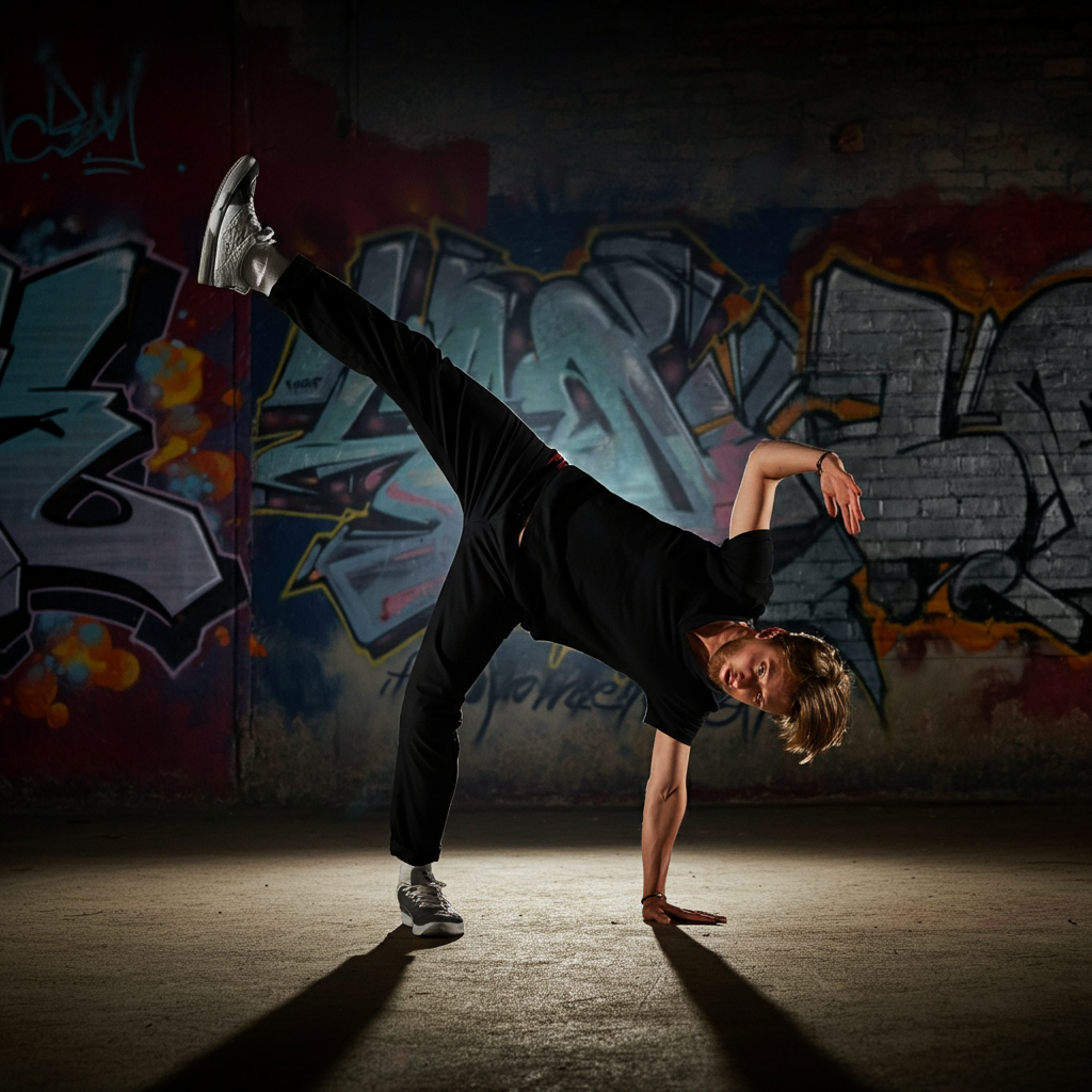 A brightly lit urban street scene with graffiti art on the walls. Dancers practice breakdancing moves. Textures of brick and concrete are highlighted by the strong sunlight.