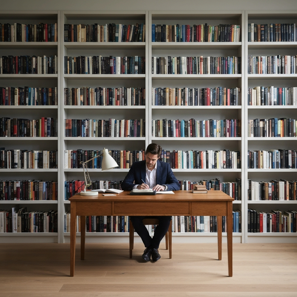 A study with bookshelves filled with books, a desk with a vintage typewriter, and soft, warm lighting. A person sits at the desk, deeply engrossed in writing.