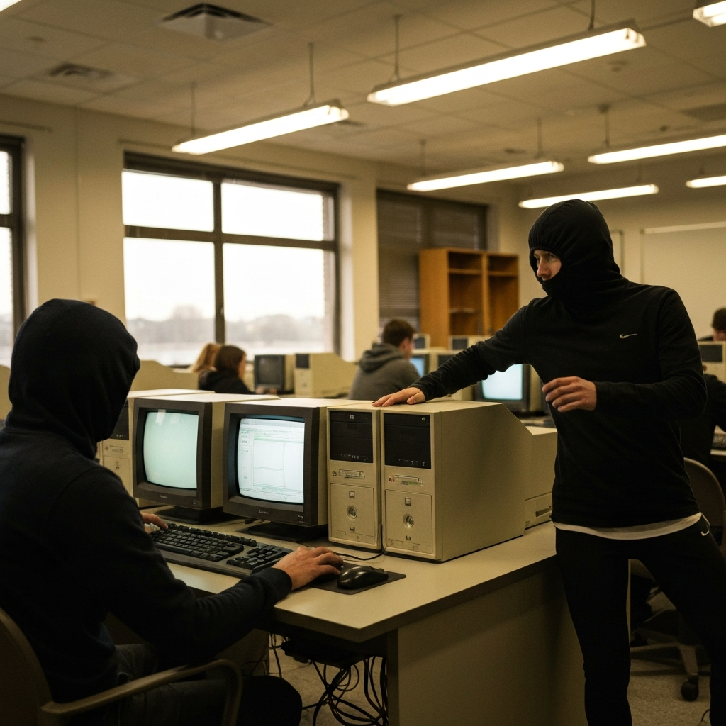 A vintage computer lab with bulky desktop computers and students working on projects. Fluorescent lighting illuminates the room. The focus is on the screens and the students' focused expressions.