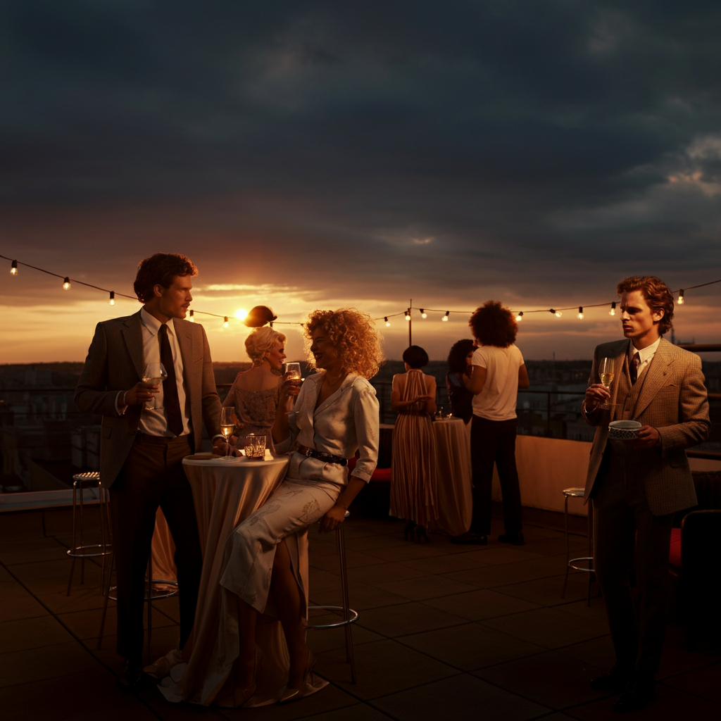 A rooftop party at sunset with people dressed in 80s-inspired outfits. Golden hour lighting bathes the scene. Laughter and conversation fill the air.