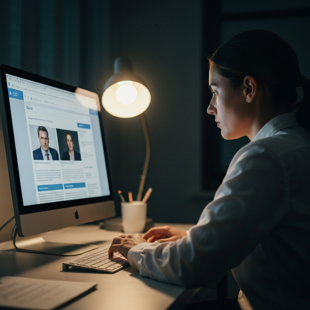 A person sitting at a desk, illuminated by soft, warm light from a nearby lamp, carefully reading a webpage on a computer. The background is slightly blurred, emphasizing the focus on the screen and the person's intent study of the quiz.