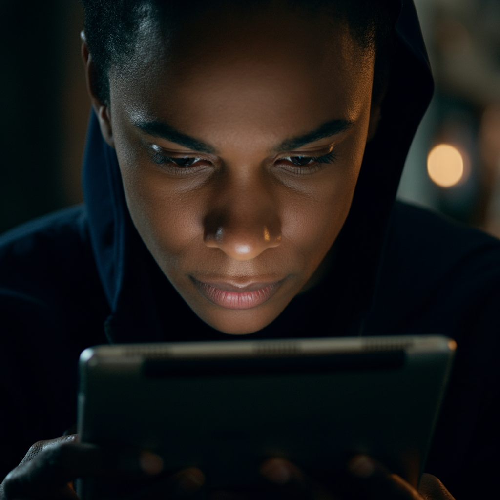 A close-up shot of a person's face, brow furrowed in concentration as they carefully consider multiple options displayed on a tablet screen. The background is blurred, and the lighting is focused on their thoughtful expression.
