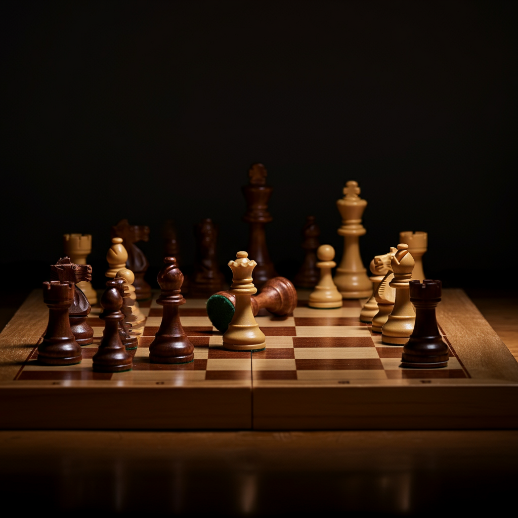 A chessboard with pieces arranged in a complex, mid-game scenario. Soft lighting highlights the textures of the wooden board and the intricate details of the chess pieces. The background is dark and out of focus.