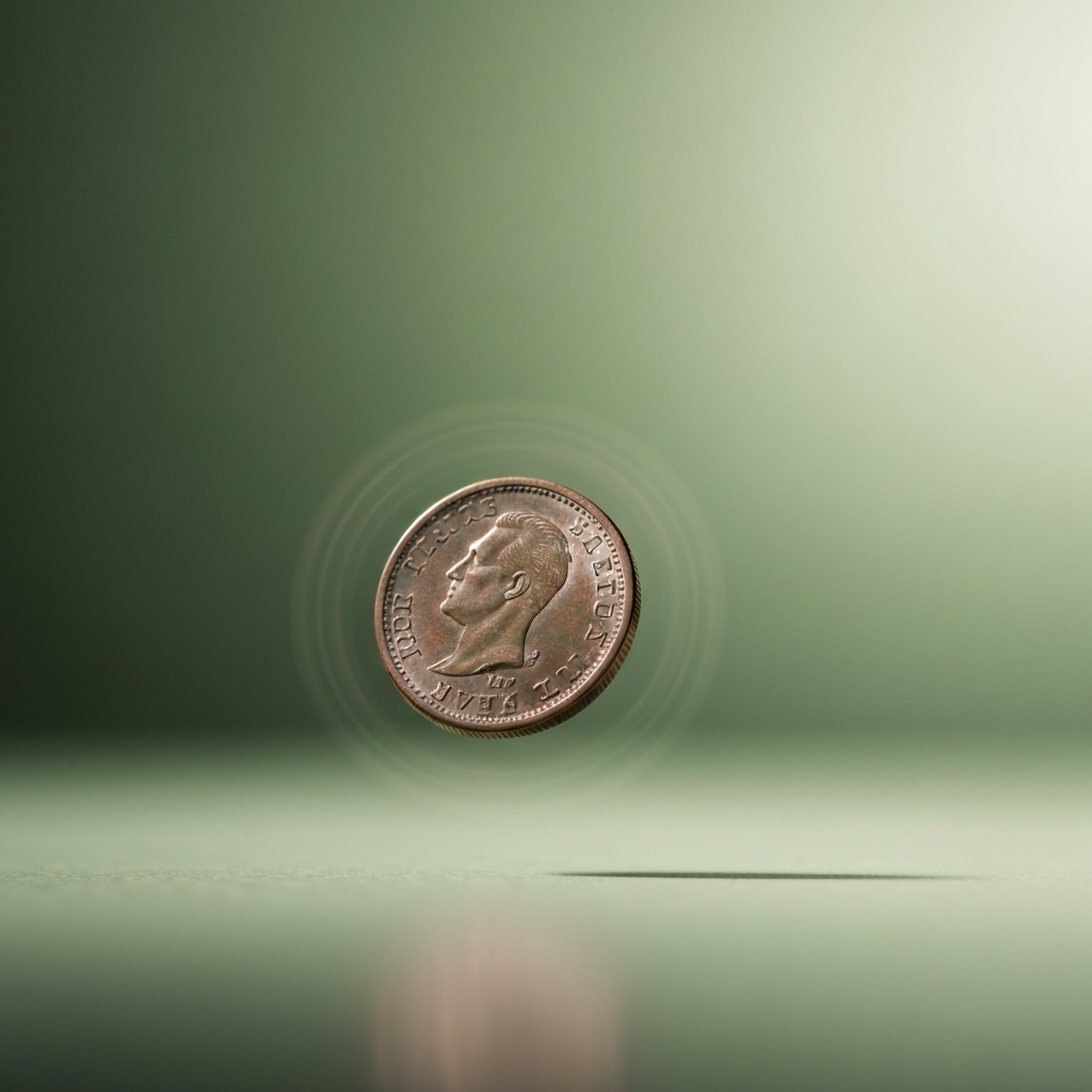 A coin spinning in the air, caught in a moment of perfect balance before landing. The background is blurred and indistinct, drawing attention to the simple act of chance.