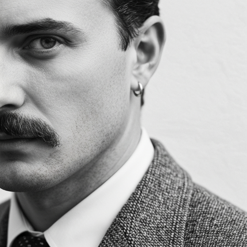 Close-up of a vintage photograph, black and white, showcasing a man with a neatly trimmed mustache and a small silver hoop earring in his right ear. The photo is slightly faded, with a soft focus that highlights the textures of his tweed jacket. The lighting is soft and diffused, creating a nostalgic atmosphere.