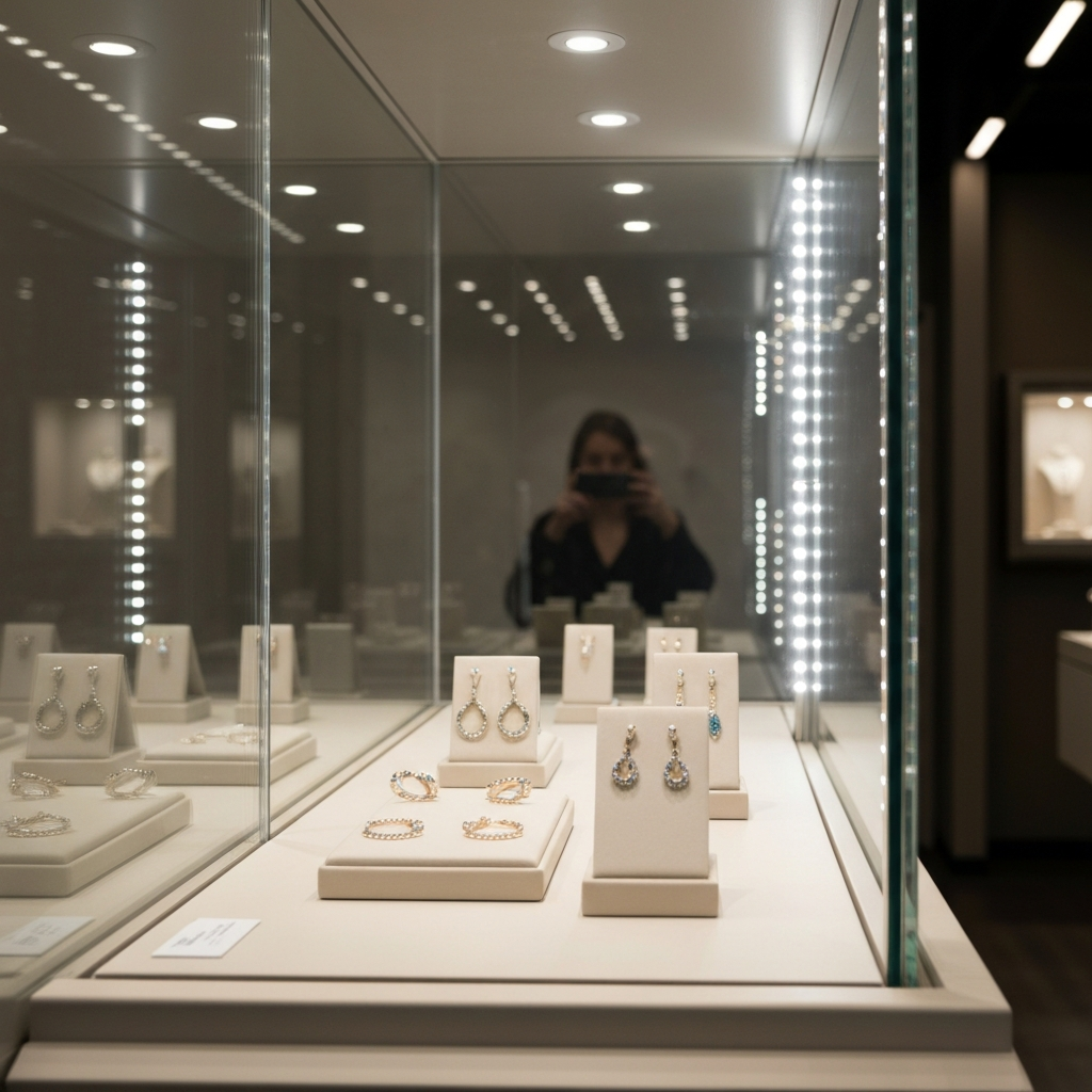A modern jewelry store display case, showcasing various earrings - studs, hoops, and dangling designs. The case is well-lit with focused LED lights, highlighting the intricate details and textures of the jewelry. A blurred reflection of a customer browsing can be seen in the glass.