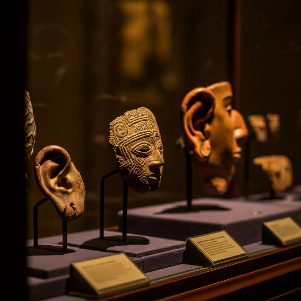 A brightly lit anthropological museum exhibit featuring artifacts related to ear piercing practices in various cultures. The artifacts are displayed on velvet stands under glass, and informational plaques provide context and historical details. The lighting is even and highlights the details of the ancient jewelry.