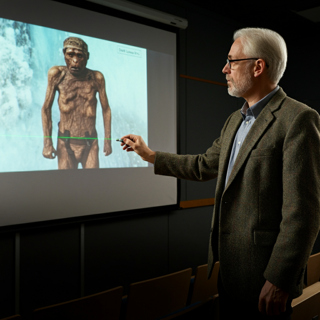 An archeology professor in a lecture hall pointing with a laser at a slide of Ötzi the Iceman's mummy on a large screen. The lecture hall is filled with students taking notes, and the lighting is dim to allow for better visibility of the slide. The professor is wearing a tweed jacket and glasses.