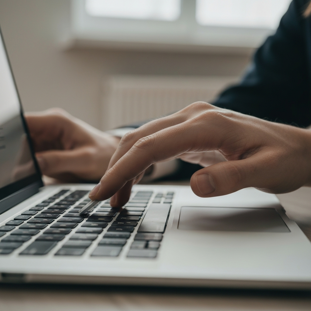 Close-up of a hand hovering over a laptop keyboard, poised to select an answer on an online quiz. The keys are slightly worn, indicating regular use. Soft, warm lighting illuminates the hand and keyboard.