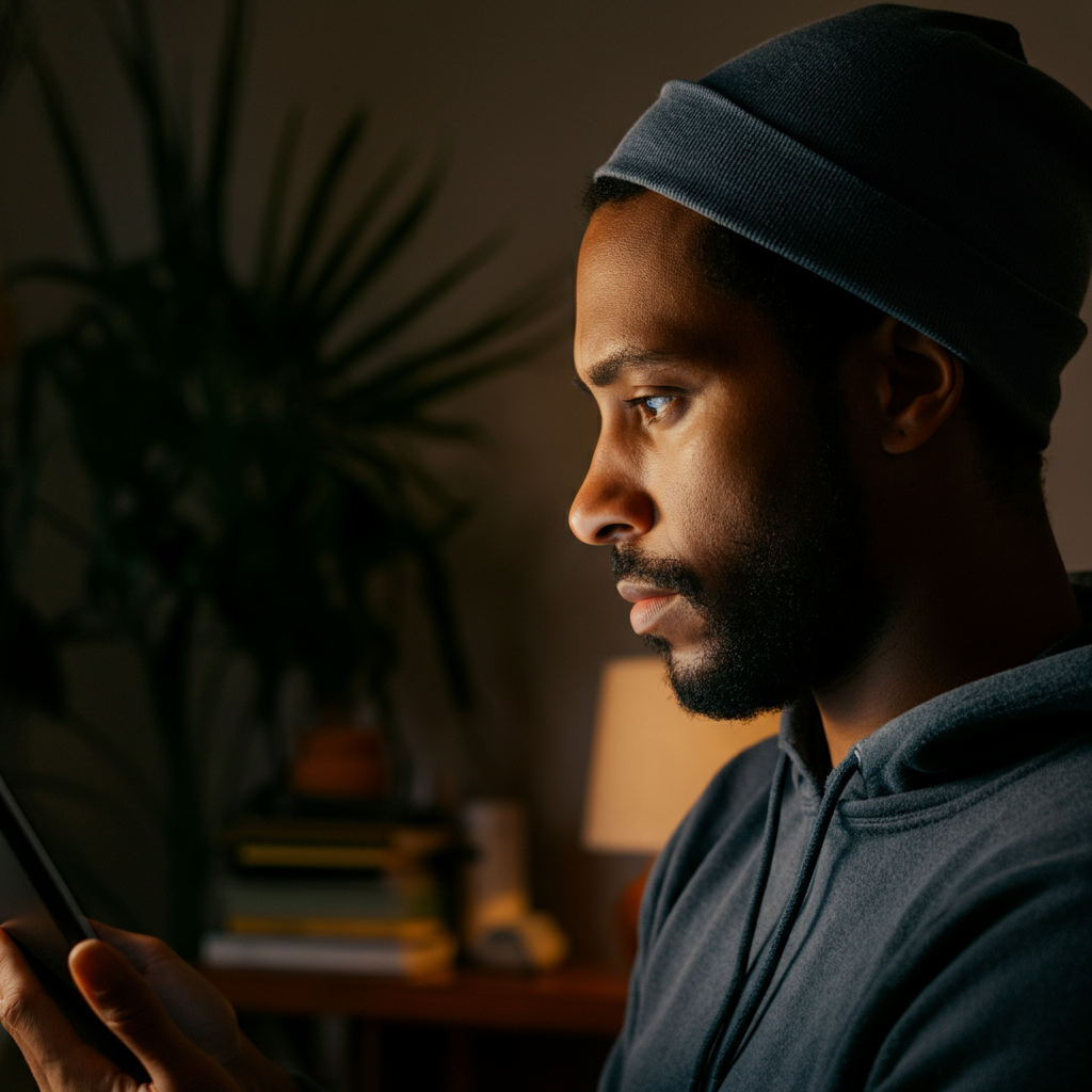 A person's face, side-lit by natural light, deep in thought while contemplating a question on a screen. The background is a blurred, cozy room with books and plants.