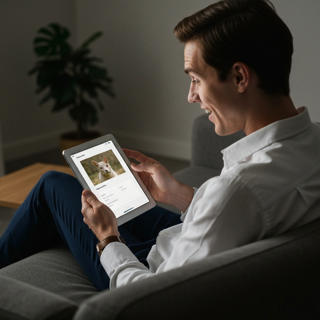 A person sitting comfortably on a sofa, looking at a tablet with a surprised and pleased expression. The screen displays quiz results with an image of an animal. The room is lit by soft, ambient lighting, creating a relaxed atmosphere.