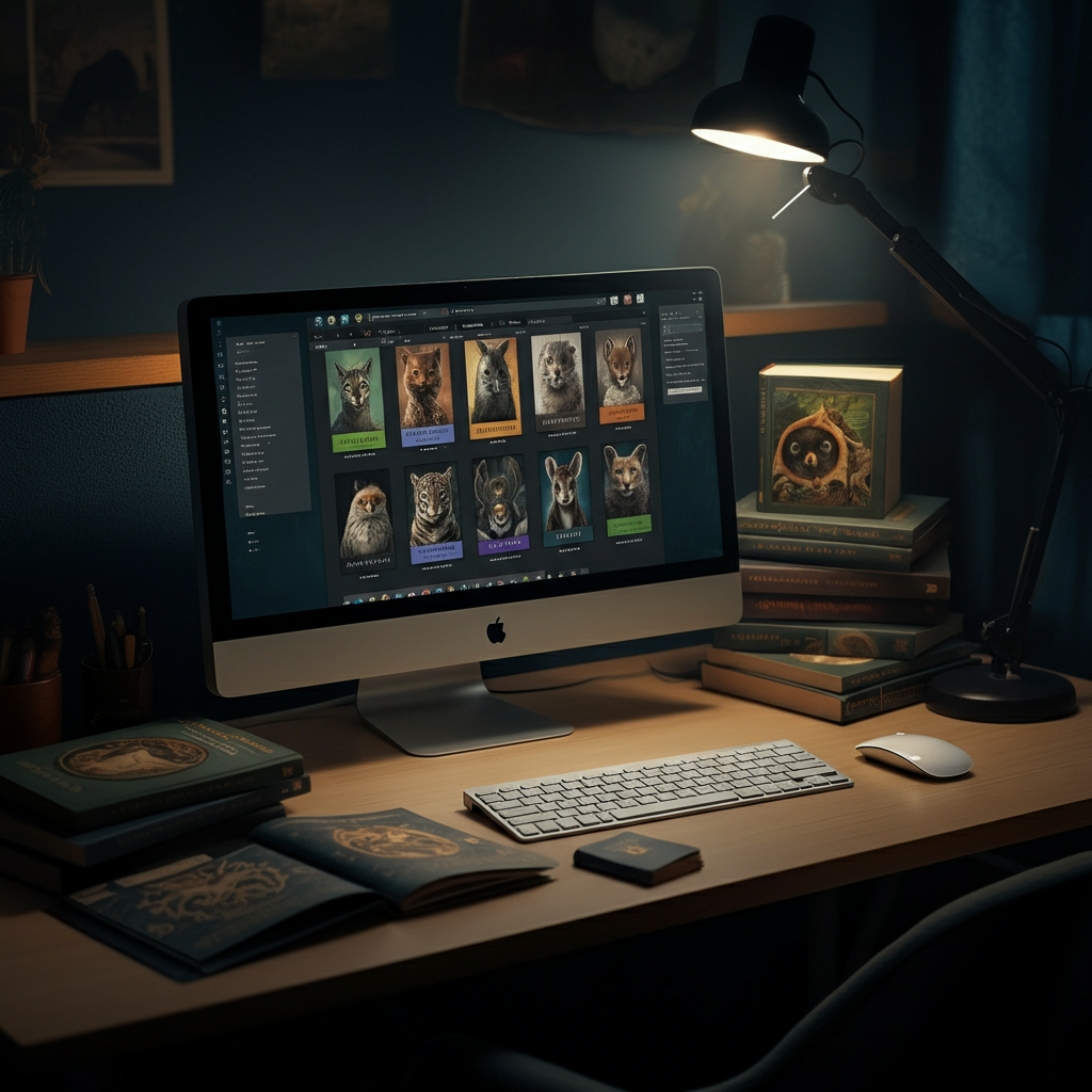 A desk with multiple opened tabs on a computer screen, each displaying a different Animagus quiz. There are also a few books on animal symbolism scattered around the desk. The room is well-lit with natural light.