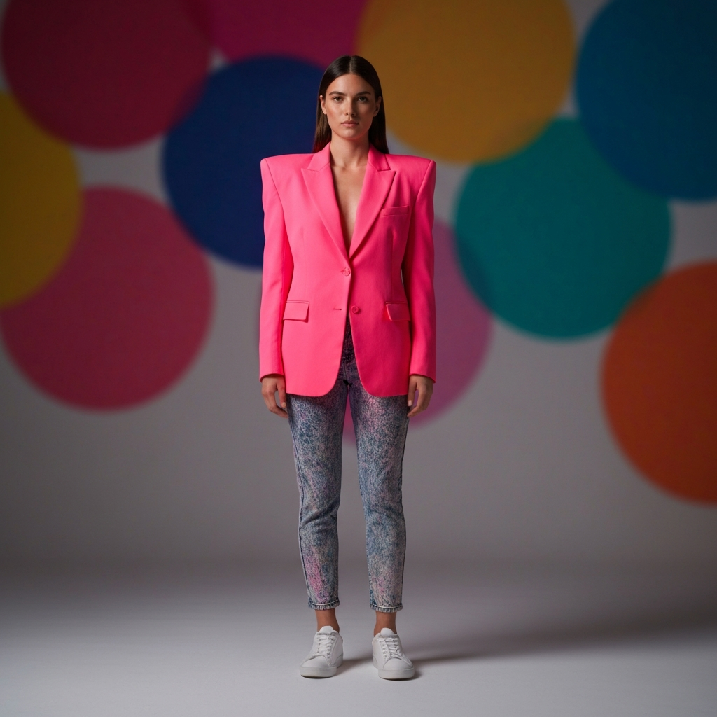 A brightly lit fashion studio. A mannequin is dressed in a neon pink blazer with large shoulder pads, acid-wash jeans, and white sneakers. Soft bokeh on background fabric swatches in 80s colors.
