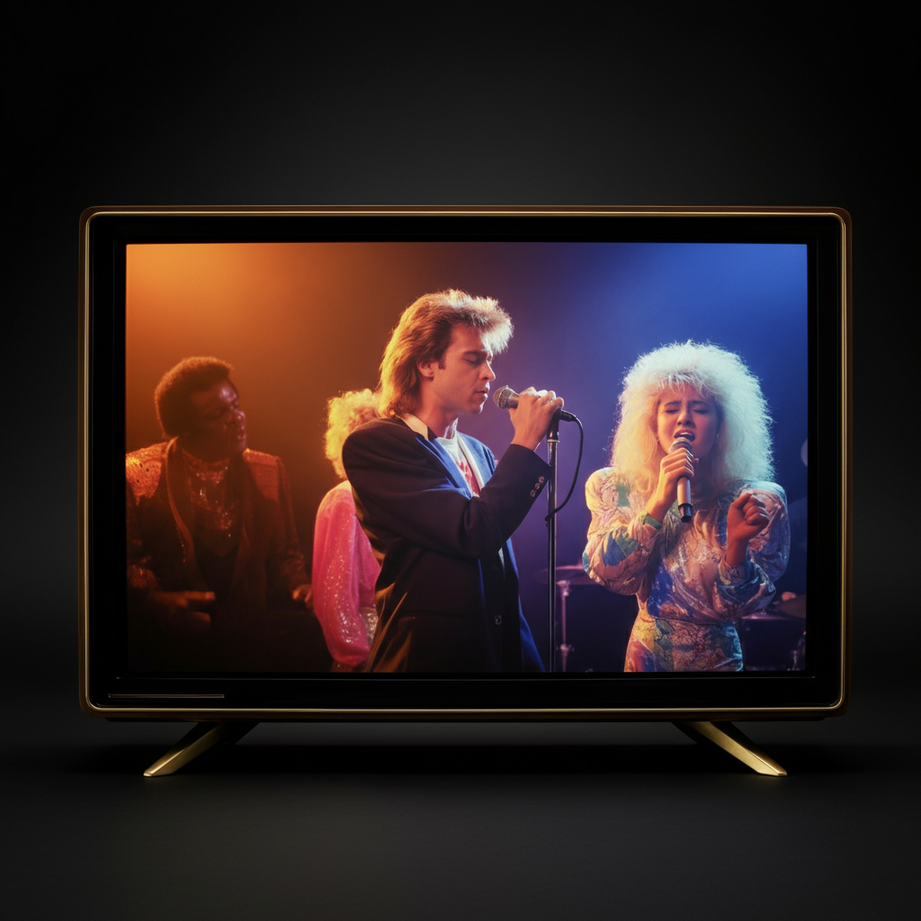 A television screen displaying a music video from the 1980s. The video features a popular artist performing on stage with vibrant costumes and energetic dance moves. The lighting is dynamic and colorful, capturing the energy of the performance.