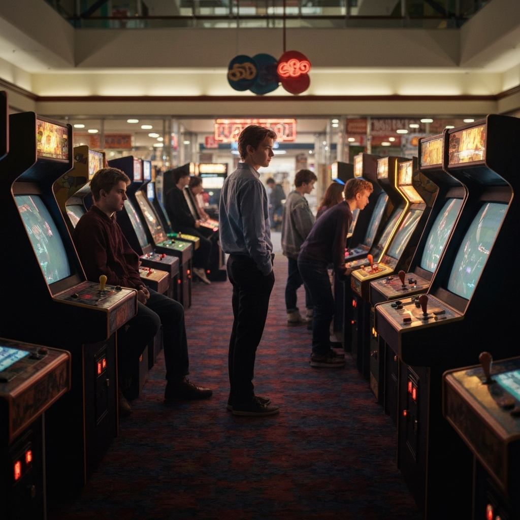 A bustling shopping mall arcade in the 1980s. Teenagers are gathered around various arcade games, illuminated by the glowing screens and neon lights. The background includes details such as brightly colored carpets and 80s-style signage.