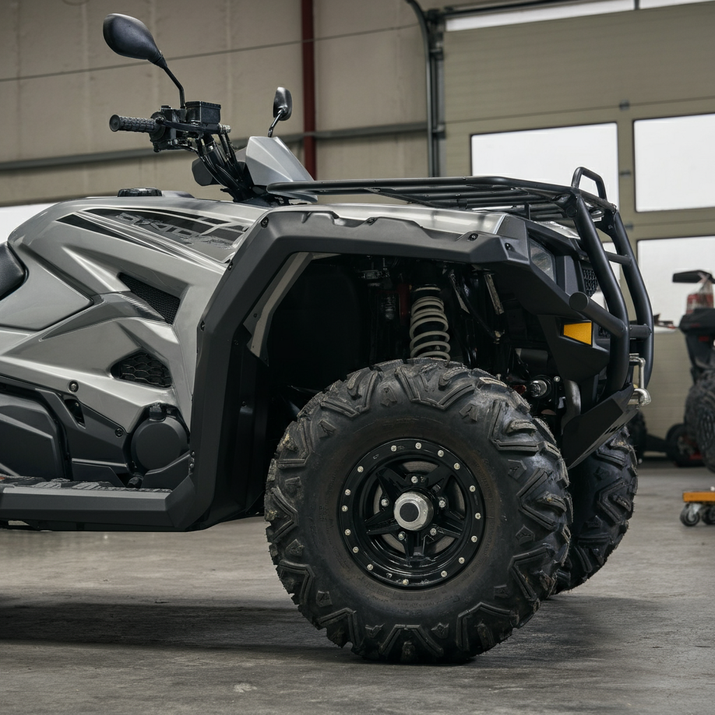 A side view of an ATV with newly installed fender flares, parked in a clean workshop. The flares are made of black plastic and blend seamlessly with the ATV's design. Good ambient light showing the shape of the vehicle.