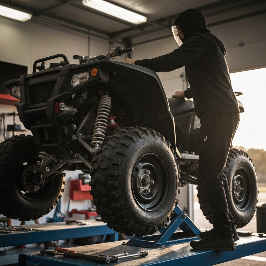 A mechanic installing a lift kit on an ATV. Focus on the suspension components and the tools being used. The ATV is elevated on a lift in a well-lit garage. Strong directional light to show material textures.
