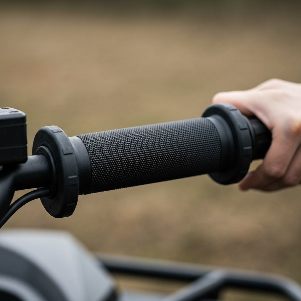 Close-up of mud grips installed on an ATV handlebar. The grips are textured and have a comfortable ergonomic design. The background is blurred, focusing attention on the grips. Soft, natural lighting.