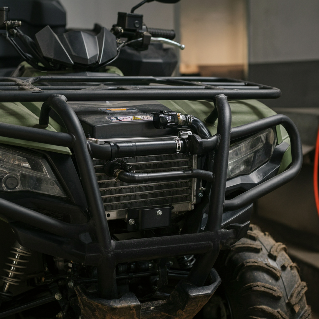 A radiator relocation kit installed on the front rack of an ATV. The radiator is clean and free of mud. The scene shows the routing of the hoses and the mounting brackets. Good depth of field with professional composition.