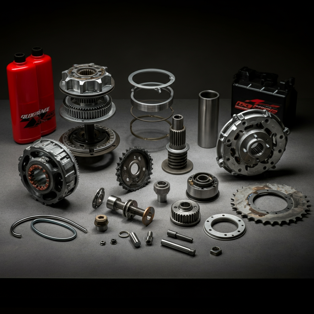 An exploded view of a performance clutch kit for an ATV. The components are laid out on a clean workbench, showcasing the different parts and their design. Even, balanced lighting to show detail.