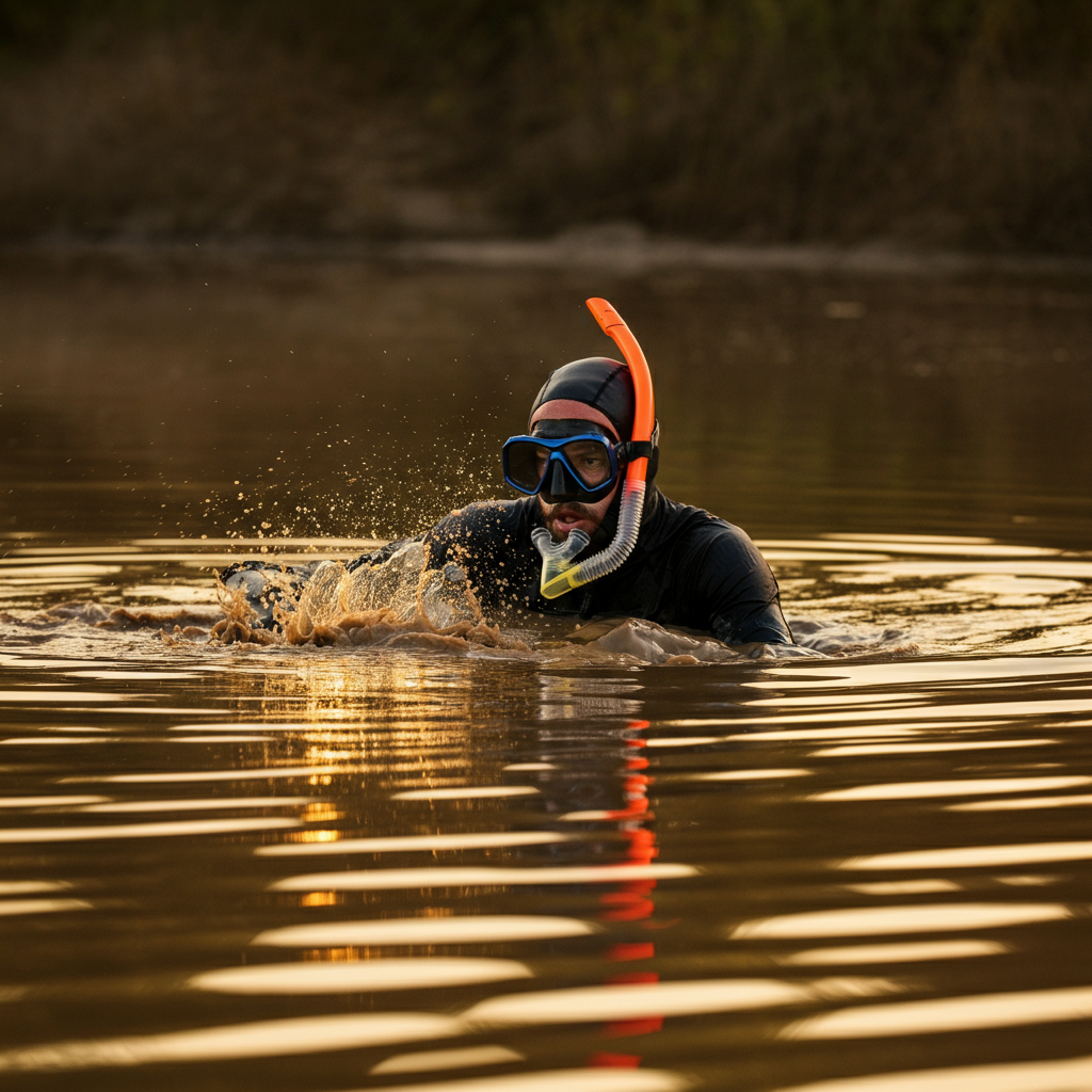 An ATV equipped with a snorkel kit, partially submerged in muddy water. The snorkel extends above the water line. Ripples in the water with golden hour lighting creating highlights and shadows.