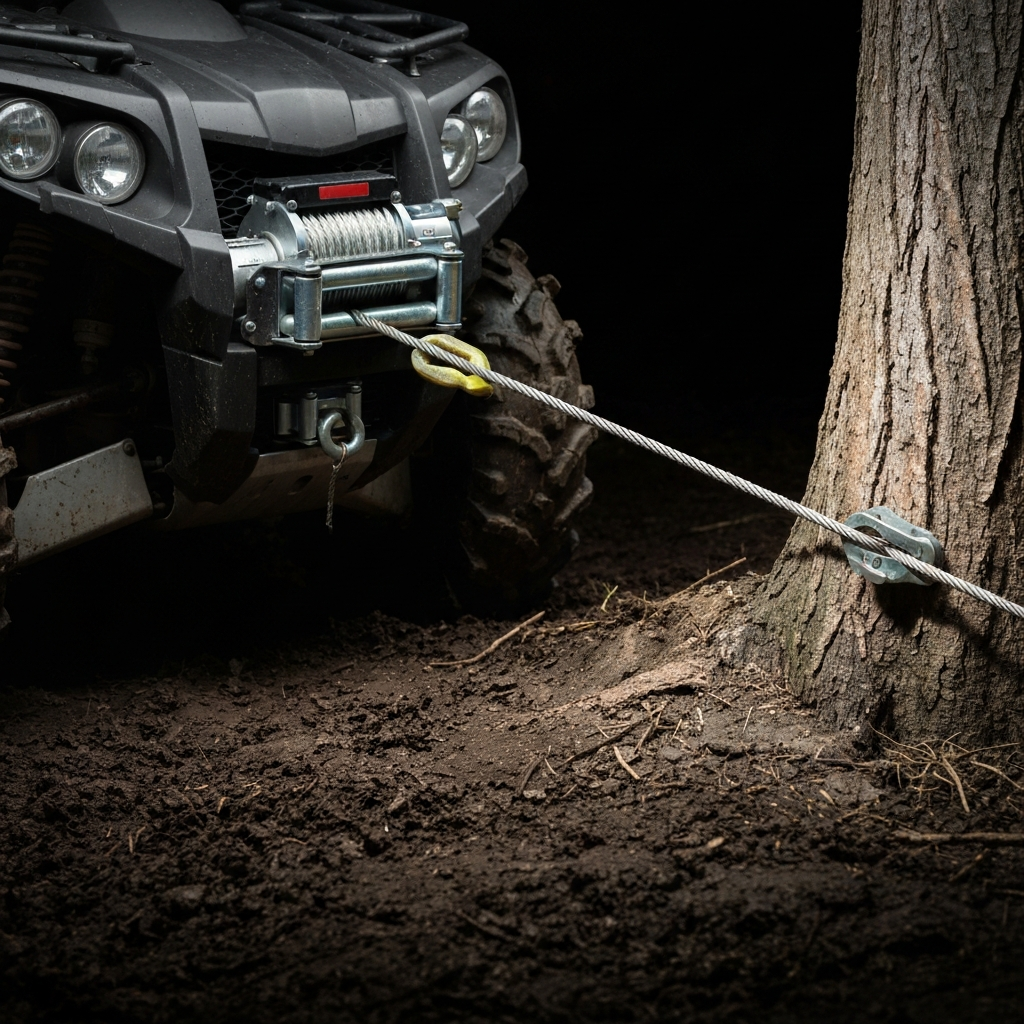 A winch mounted on the front of an ATV. The winch cable is extended and attached to a tree. The ATV is partially submerged in mud. Focus on the winch mechanism and cable tension. Strong sidelight.