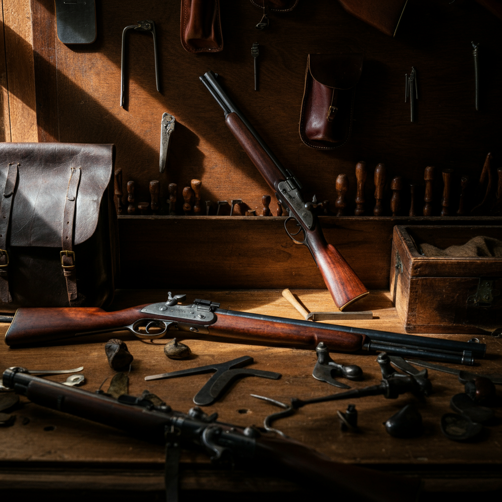 A workbench cluttered with antique firearms, leather pouches, and tools. The light streams in from a window, side-lighting the textures of the metal and wood. The scene evokes a feeling of preparation and outfitting.