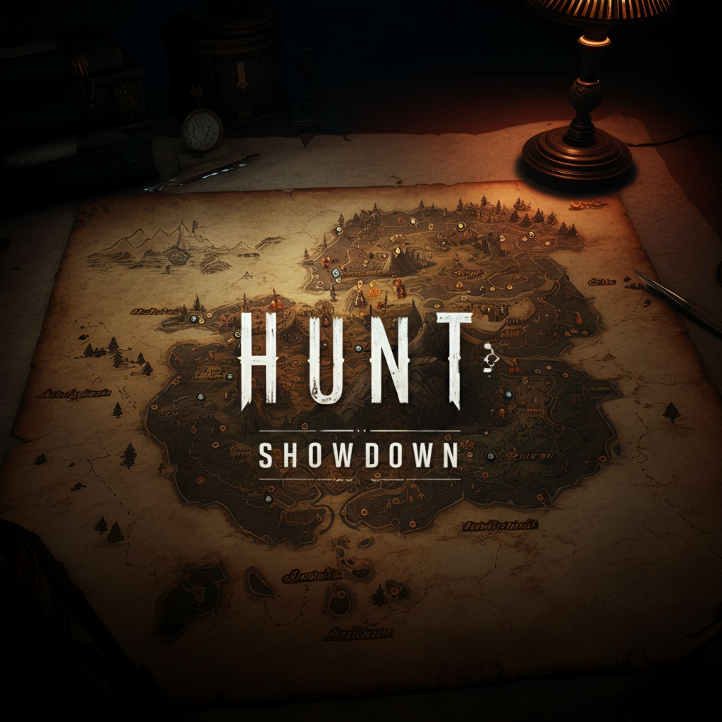 An overhead view of the Hunt: Showdown map, rendered with intricate detail. The map is aged and weathered, with markings indicating points of interest. The lighting is warm, simulating the glow of candlelight on parchment.
