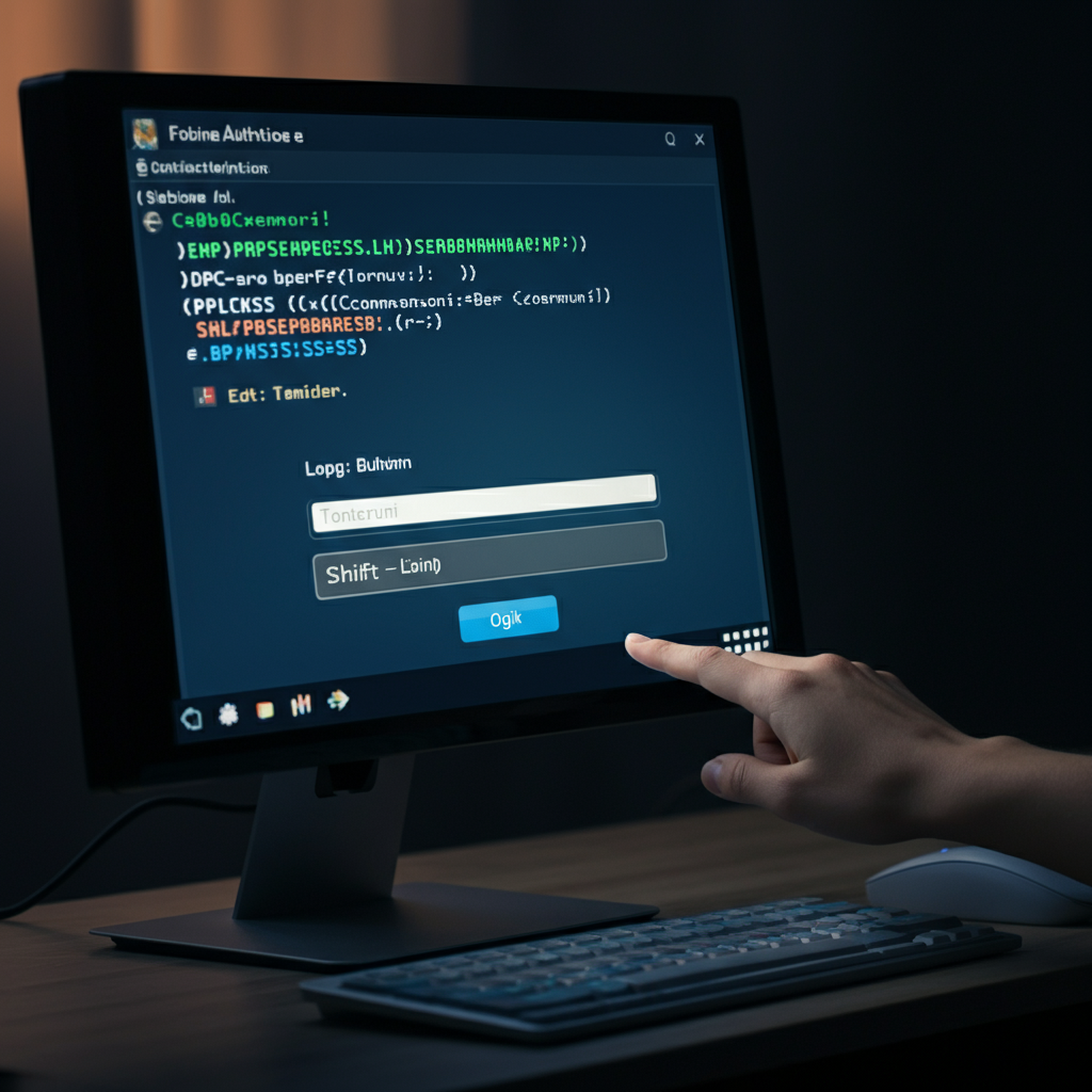A computer login screen with a command prompt window superimposed, bathed in soft blue monitor light. A hand is faintly visible, pressing the shift key.