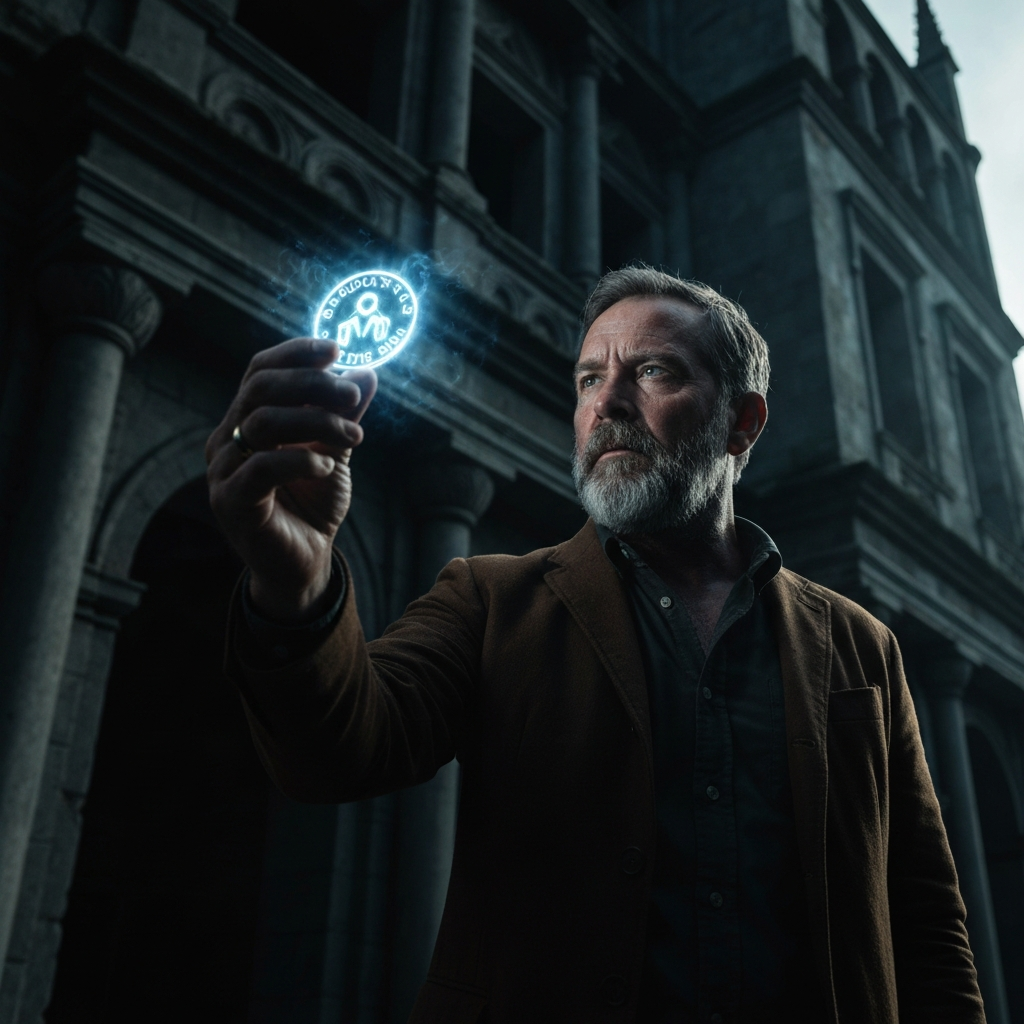 A hunter holding a glowing bounty token, silhouetted against the backdrop of a dark and foreboding building. The lighting is ethereal, highlighting the supernatural nature of the bounty.