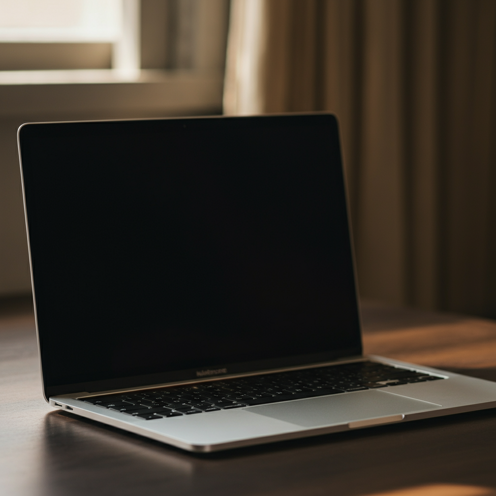 A Macbook laptop in a minimalist office setup. Natural light from a window highlights the sleek design.
