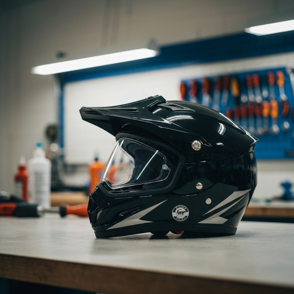 Close-up shot of a new, high-quality ATV helmet resting on a clean workbench in a well-lit garage. The helmet has a glossy finish and visible safety certifications. Soft bokeh in the background highlights various tools.