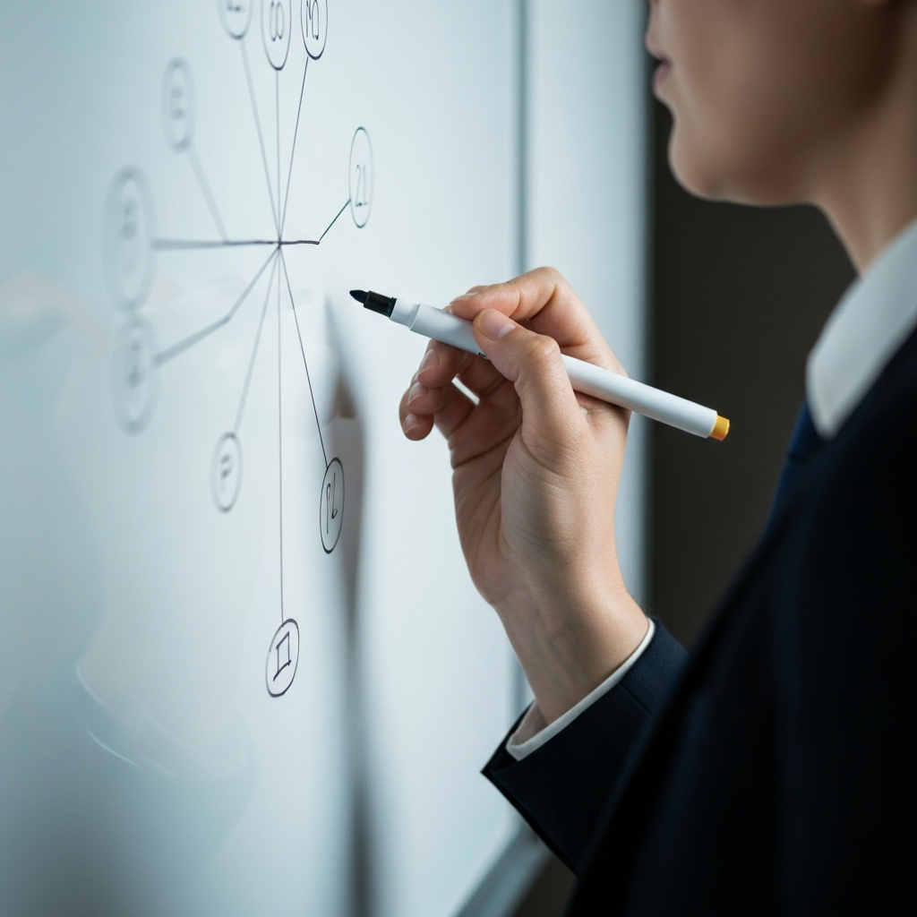 Close-up shot of a hand sketching branching pathways on a whiteboard, using different colored markers. Soft, diffused lighting illuminates the board.