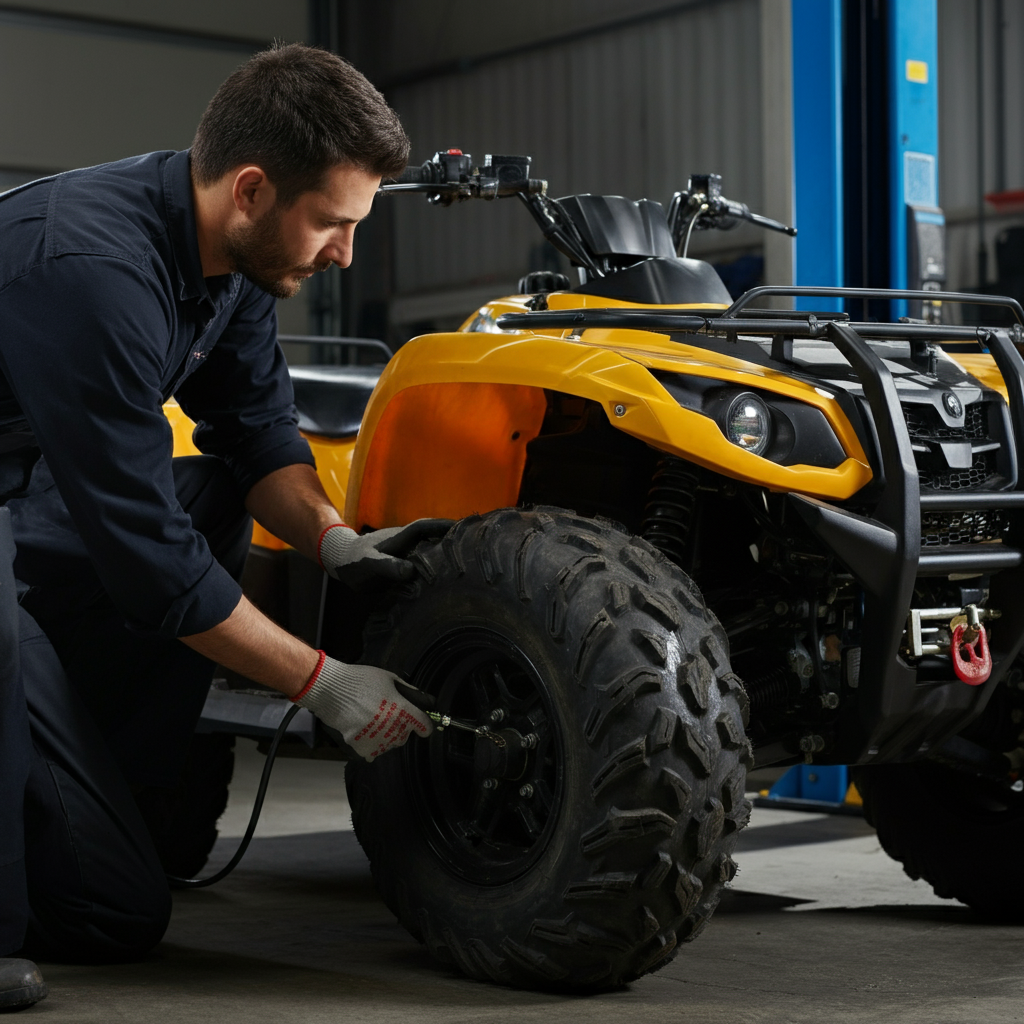 Medium shot of a mechanic inspecting the tires of an ATV in a clean garage. The lighting is bright and focused on the tire tread. The mechanic is wearing gloves and using a tire pressure gauge. The background is slightly blurred to emphasize the focal point.
