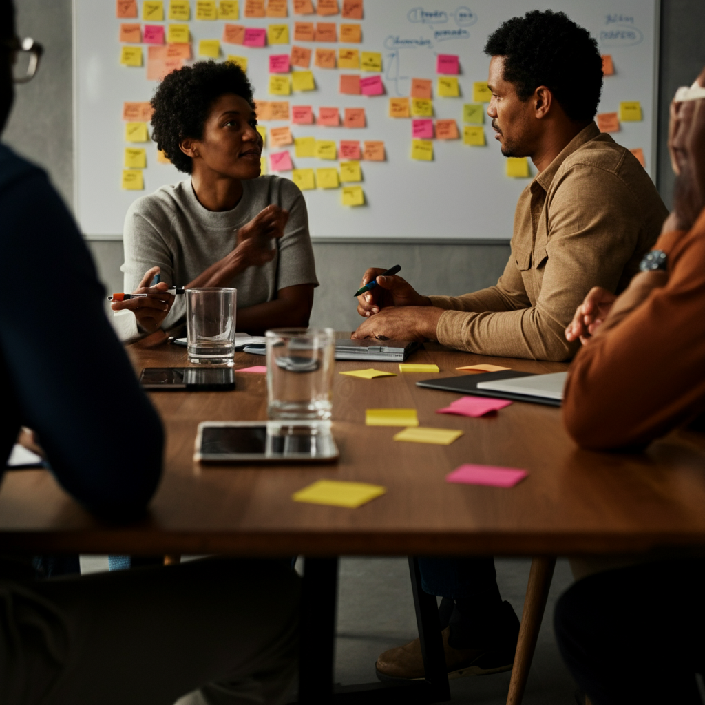 A group of people sitting around a conference table, engaged in a lively discussion. Post-it notes cover a whiteboard in the background, each containing different ideas. The room is well-lit and professional.