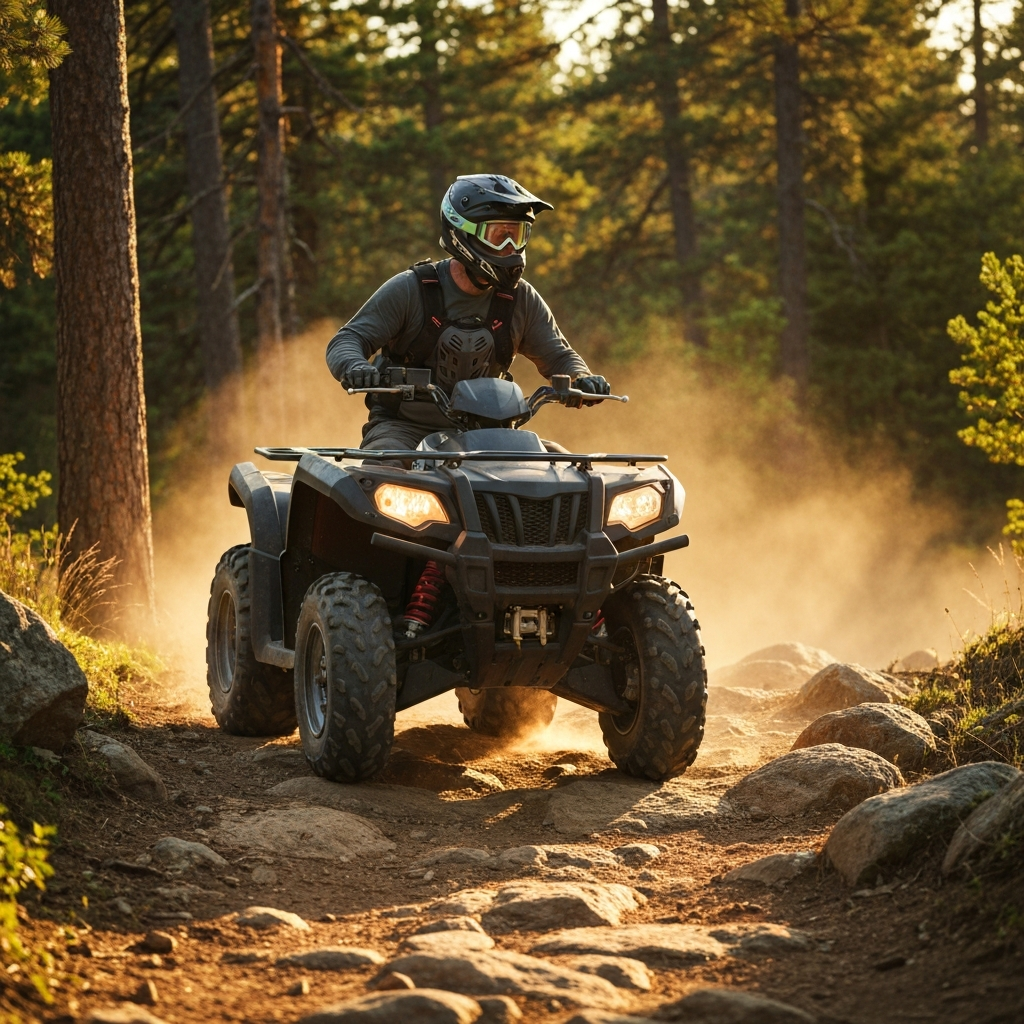 Landscape shot of a quad rider carefully navigating a rocky trail in a forest. Golden hour lighting creates a warm and inviting atmosphere. The rider is wearing full safety gear and cautiously surveying the terrain ahead.